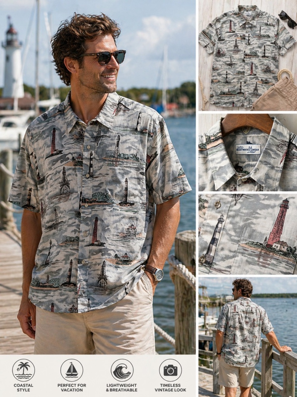 Vintage Blue Water Lighthouse Button Down Shirt| Coastal Shirt Men’s Beach Style
